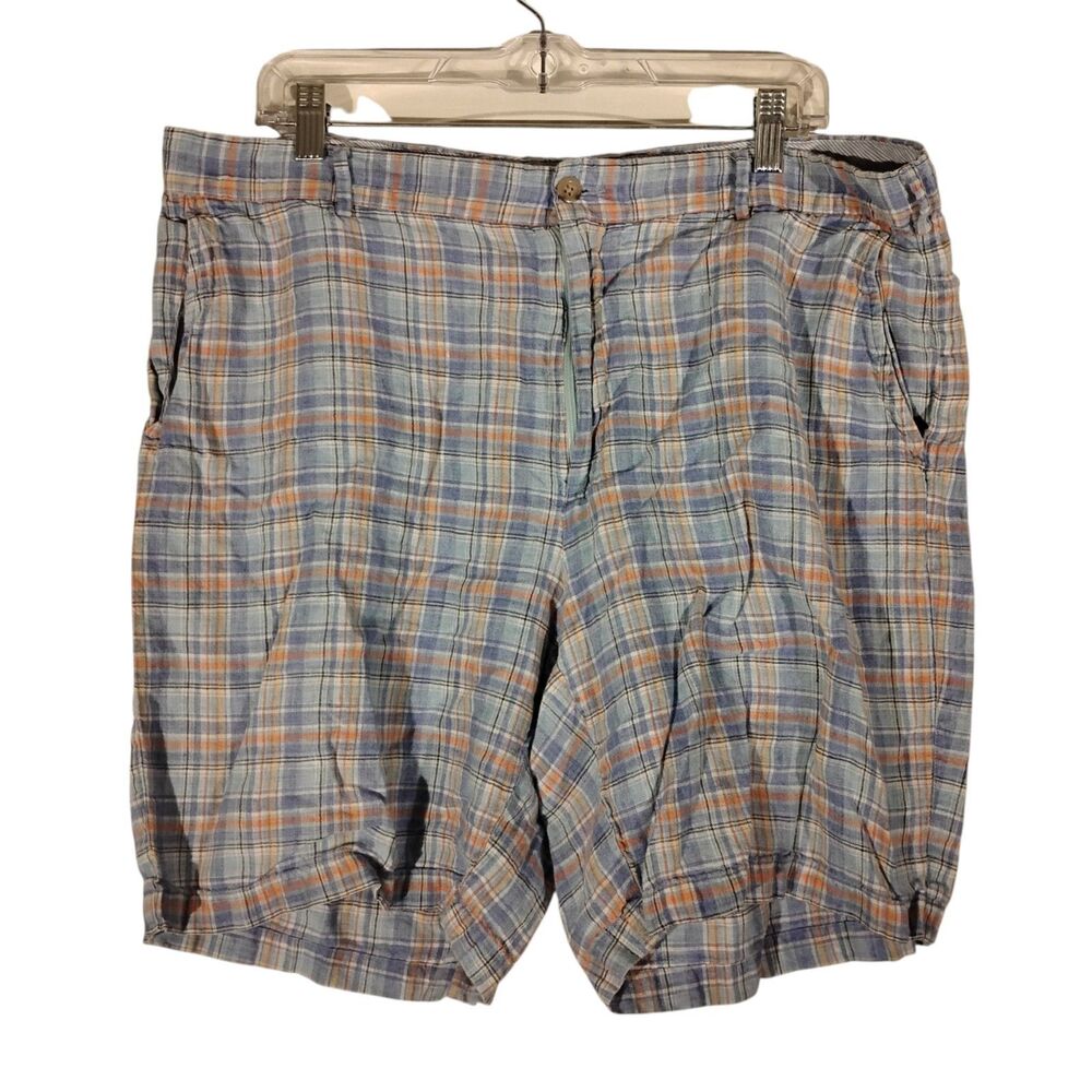Peter Millar golf shorts mens 38 blue plaid 100% linen flat front preppy